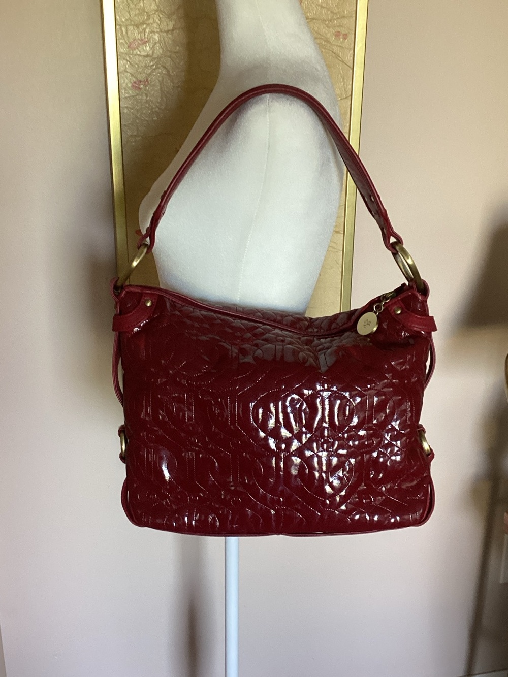 Donald J. Pliner Glossy Quilted Red Patent Shoulder Bag